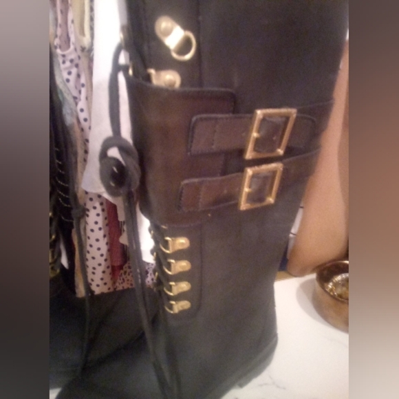 Tory Burch Goth Tall calf length rubber rain combat boots black gold lace up - Picture 11 of 16